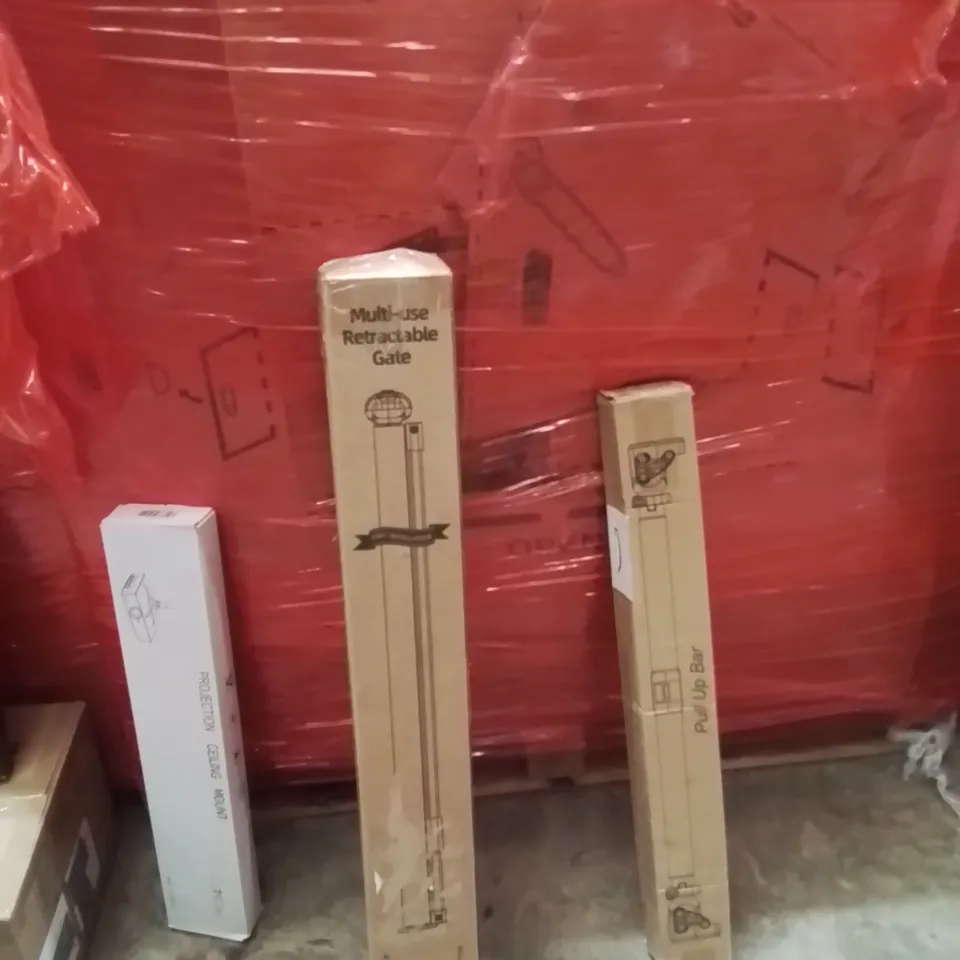 PALLET OF ASSORTED HOUSEHOLD GOODS AND PRODUCTS TO INCLUDE;PROJECTOR CEILING MOUNT,RETRACTABLE SAFETY GATE,PULL UP BAR
