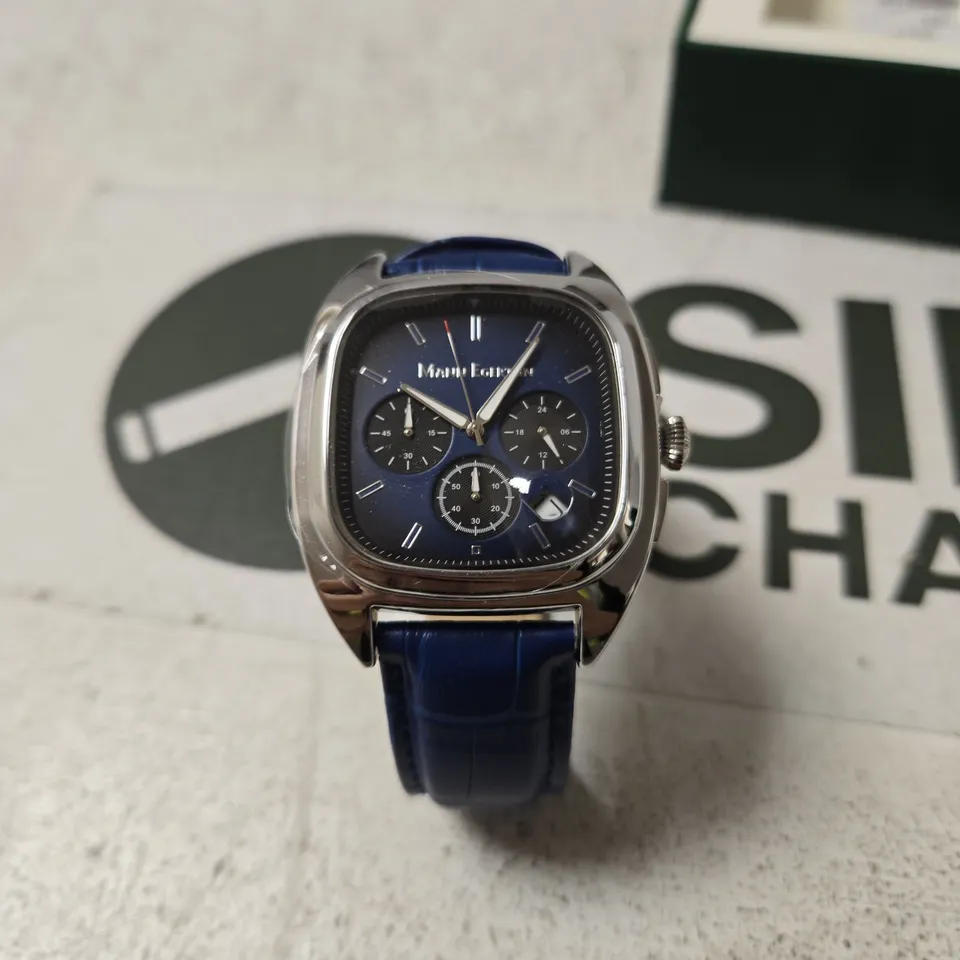 MANN EGERTON CHRONOGRAPH WRISTWATCH – BLUE DIAL, BLUE LEATHER STRAP, BOXED