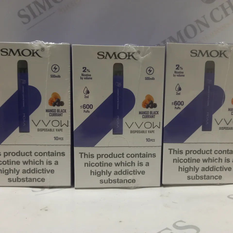 BOX OF APPROX 30 SMOK 2% VVOW MANGO BLACK CURRENT DISPOSABLE VAPES 