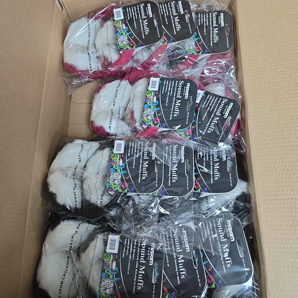 BOX OF APPROXIMATELY 15 MAXIM SOUND MUFFS – PINK KNITTED EARMUFFS WITH BUILT-IN SPEAKERS (3.5MM)