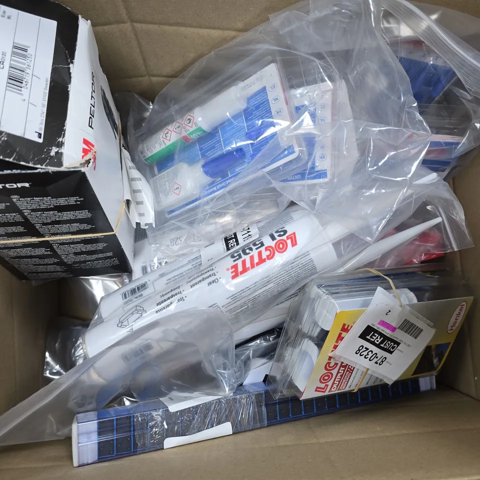 APPROXIMATELY 12 ASSORTED ITEMS TO INCLUDE LOCTITE CLEAR SILICONE, PELTOR OPTIME III HEARING PROTECTOR, EPOXY COMPOSITE, ETC