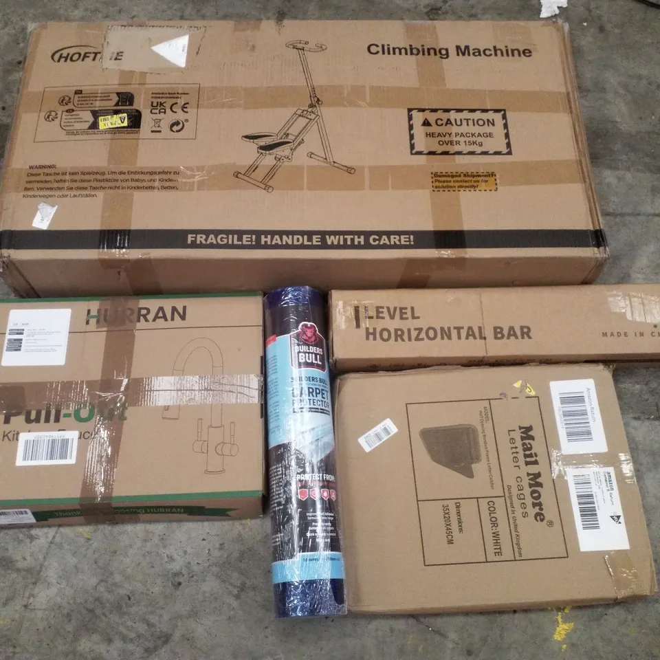PALLET CONTAINING ASSORTED PRODUCTS INCLUDING CLIMBING MACHINE, LEVEL HORIZONTAL BAR, BAMBOO FRAME LETTER CATCHER, CARPET PROTECTOR & KITCHEN FAUCET