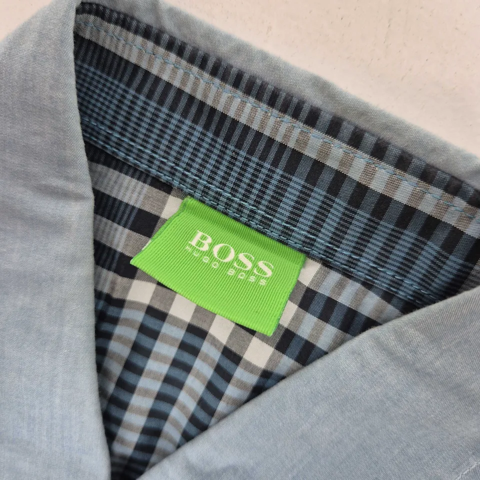 HUGO BOSS LIGHT BLUE SHIRT WITH CHECKERED INNER CUFF - SMALL