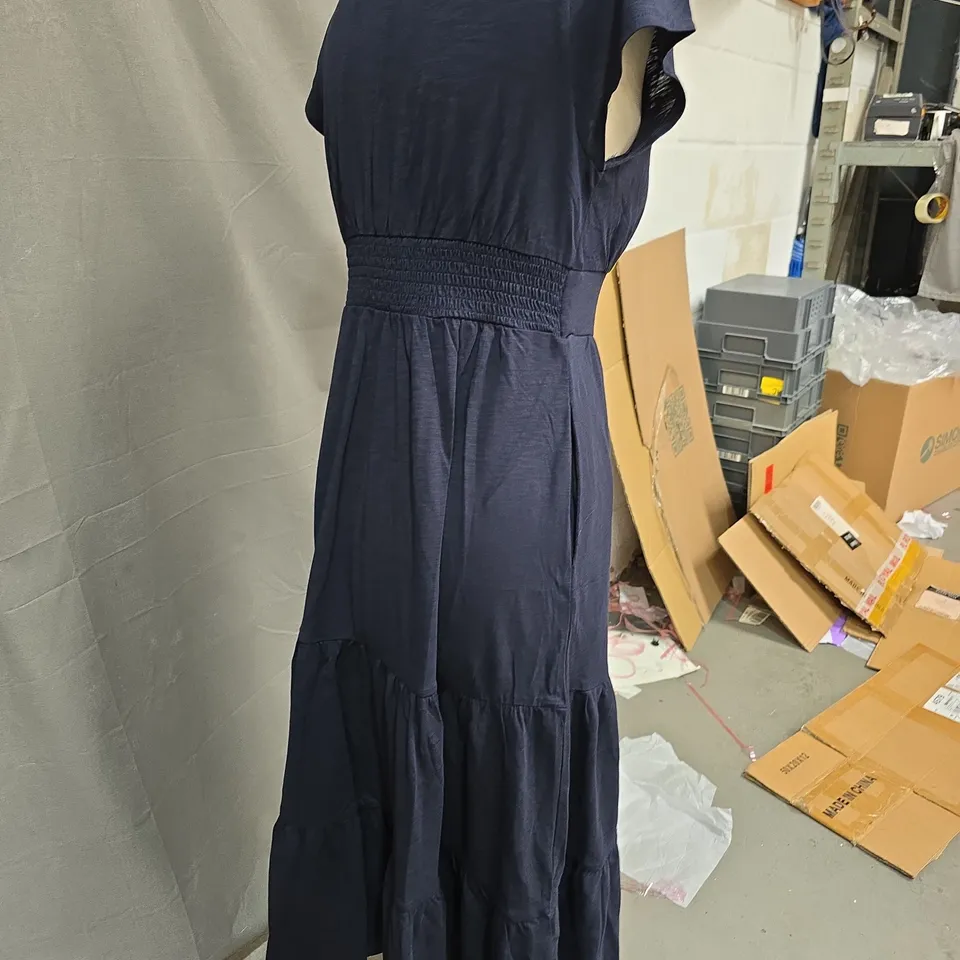 NAVY BLUE WOMEN'S DRESS WITH V-NECK, PUFF SLEEVES, SMOCKED WAIST AND TIERED MAXI SKIRT BODEN
