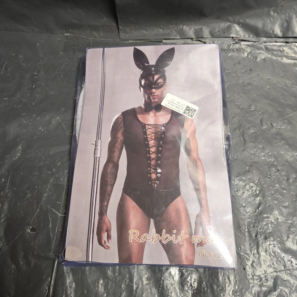 RABBIT MAN COSTUME SET – FETISH BUNNY MASK & LACED BODYSUIT (ONE SIZE), BLACK