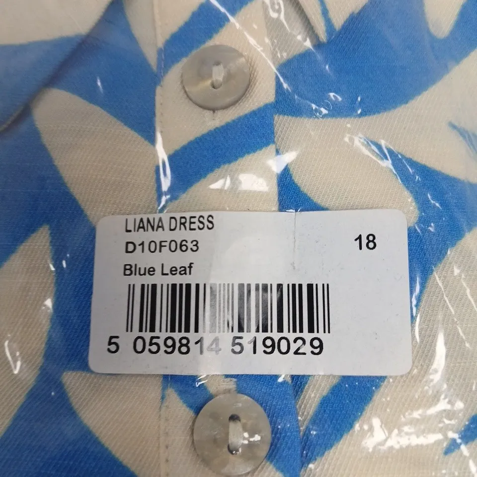 LIANA DRESS – BLUE LEAF PRINT, UK SIZE 18