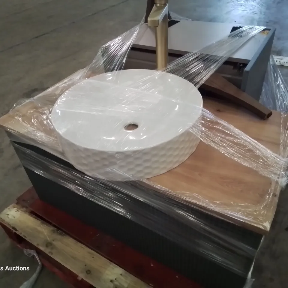 PALLET CONTAINING TWO FREESTANDING VANITY UNITS, 1 WITH SURFACE CERAMIC BASIN & TAP