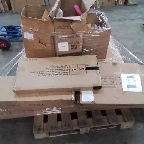 PALLET CONTAINING VARIOUS ASSORTED HOUSEHOLD CUSTOMER RETURNS TO INCLUDE: OFFICE CHAIR, SHELF UNITS, LOFT BED AND LOTS MORE UNMARKED BOXED ITEMS