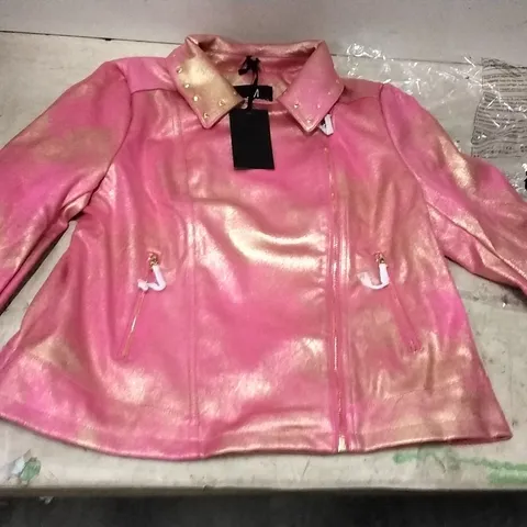 3 BOXES OF APPROXIMATELY 12 JULIEN MACDONALD PINK/GOLD BIKER JACKET - SIZE 18
