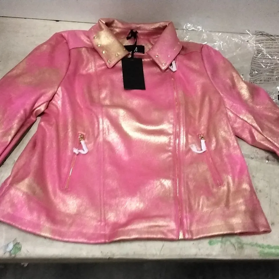 3 BOXES OF APPROXIMATELY 12 JULIEN MACDONALD PINK/GOLD BIKER JACKET - SIZE 18