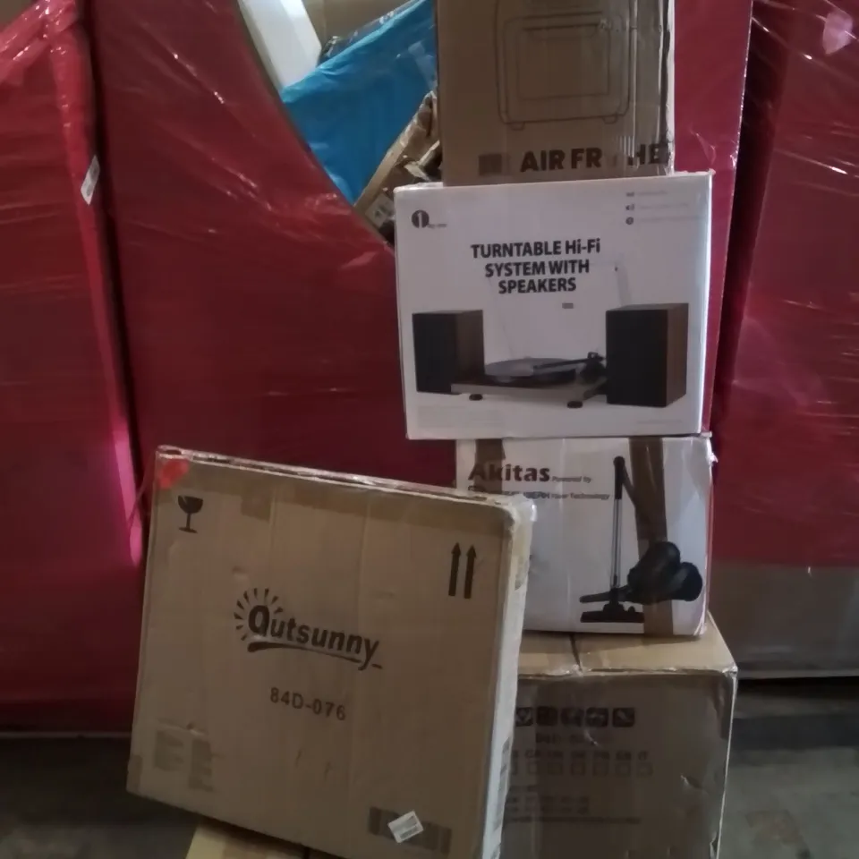 PALLET CONTAINING VARIOUS ASSORTED BOXED HOUSEHOLD ITEMS TO INCLUDE: VACUUM CLEANER, TURNTABLE HI-FI SYSTEM WITH SPEAKERS, AIR FRYER AND LOTS MORE UNMARKED BOXED ITEMS 