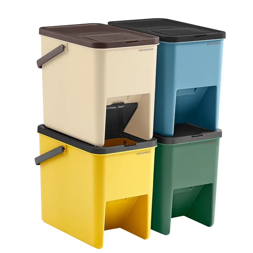 BOXED SONGMICS RECYCLING BINS FOR KITCHEN, SET OF 4 STACKABLE TRASH BINS, 20L EACH