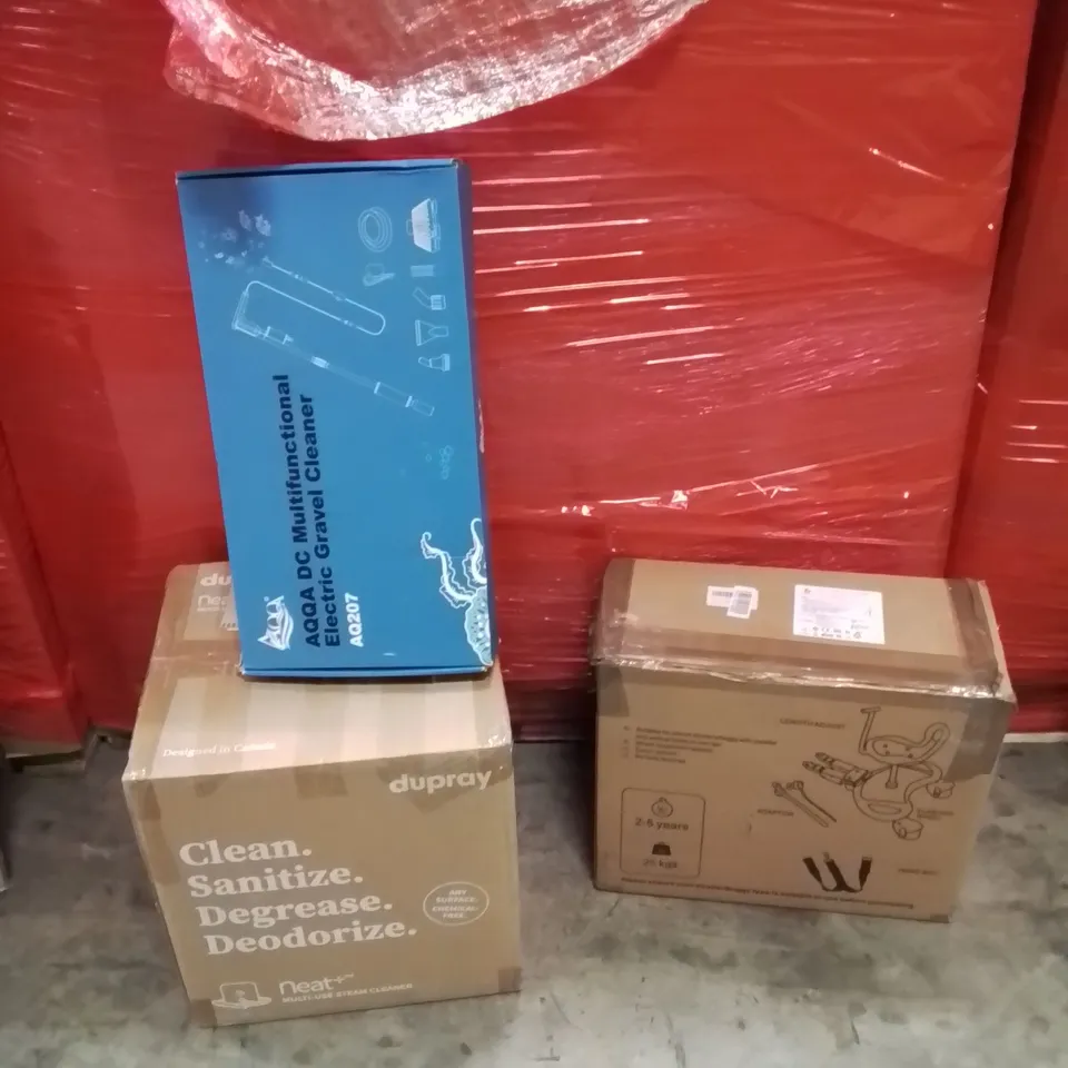 PALLET OF ASSORTED HOUSEHOLD GOODS AND PRODUCTS TO INCLUDE;STEAMER,ELECTRICAL GRAVEL CLEANER,PRAM