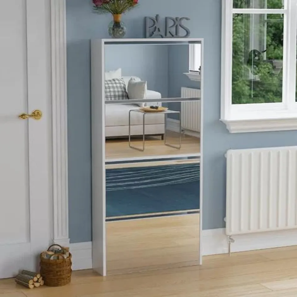 BOXED MUSKOKA 2 DRAWER MIRRORED FLIP DOWN SHOE CABINET 