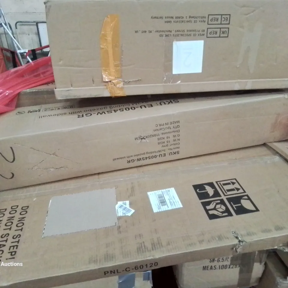 PALLET CONTAINING VARIOUS ASSORTED BOXED HOUSEHOLD ITEMS TO INCLUDE: CHRISTMAS TREE, GAZEBO, VARIABLE SPEED WET SHARPENER AND LOTS MORE UNMARKED BOXED ITEMS 