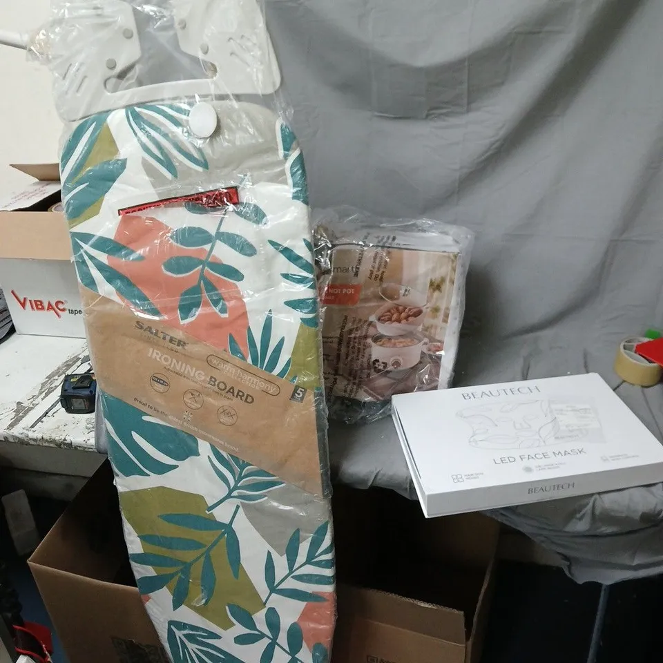 LOT OF HOUSEHOLD ITEMS: SALTER IRONING BOARD, BEAUTECH LED FACE MASK, ELECTRIC GRILL & VACUUM CLEANER BOX . A CAGE OF HOUSE HOLD AND GARDEN ITEMS DAMGED SPARES AND REPAIRS .