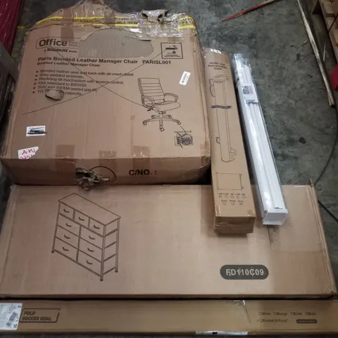 PALLET CONTAINING ASSORTED PRODUCTS INCLUDING OFFICE CHAIR, RETRACTABLE GATE, ROLLER BLIND, CHEST OF DRAWERS & FOLD SOCCER GOAL