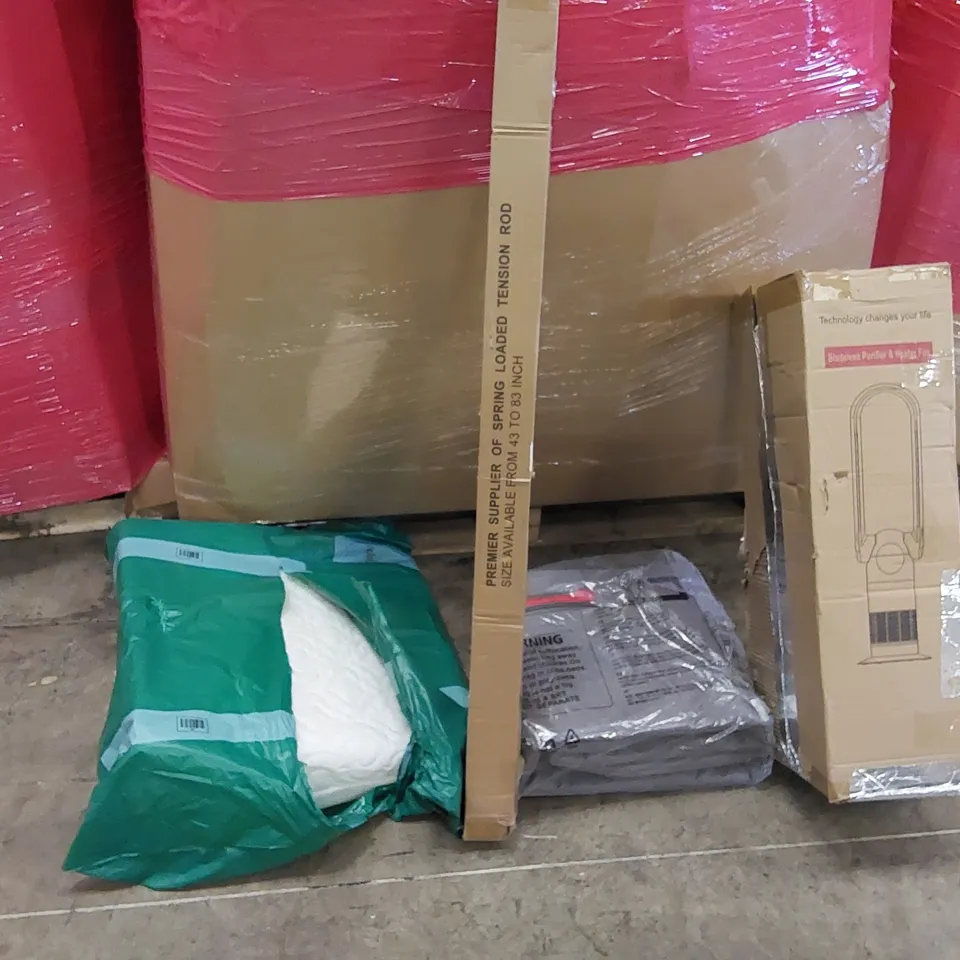 PALLET OF ASSORTED ITEMS INCLUDING: BLADELESS PURIFIER & HEATER FAN, SKI BAG, TENSION ROD, CUSHION 