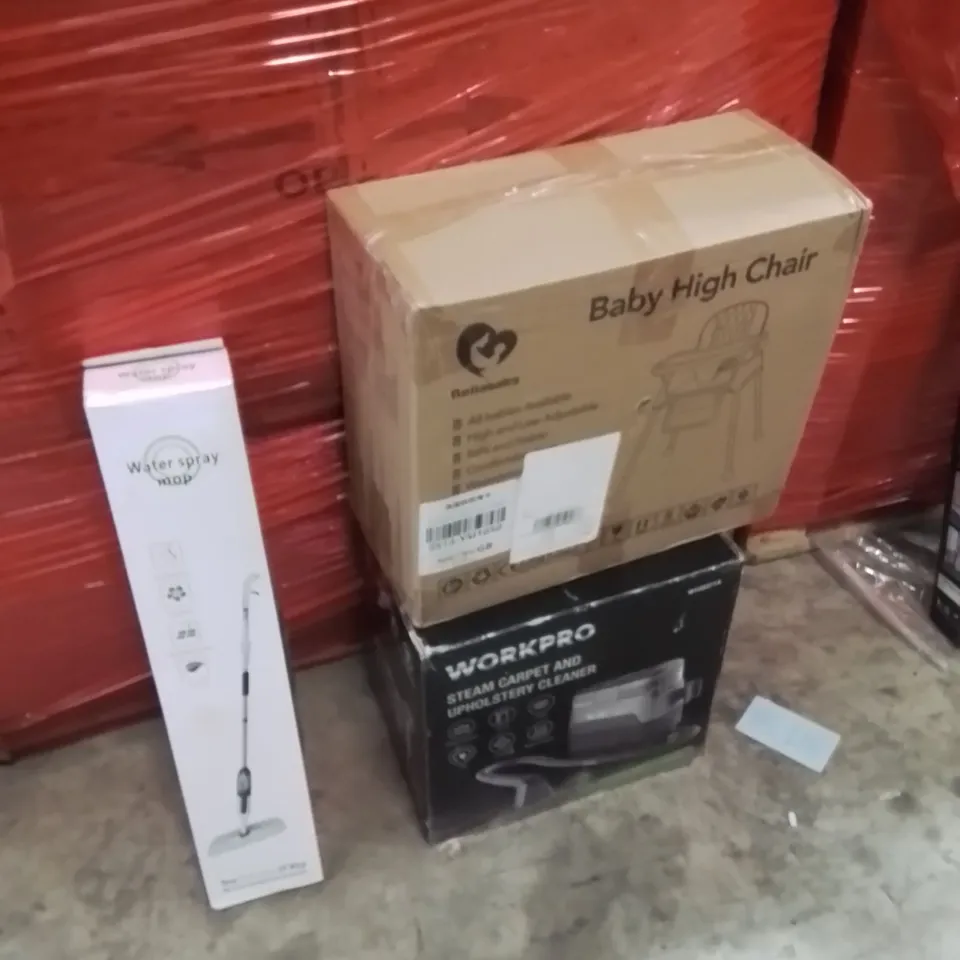 PALLET OF ASSORTED HOUSEHOLD GOODS AND PRODUCTS TO INCLUDE;WATER SPRAY MOP,STEAM CLEANER,BABY HIGH CHAIR 
