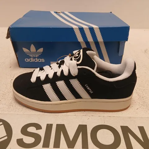 ADIDAS CAMPUS SNEAKERS – BLACK SUEDE WITH WHITE STRIPES, UK 5.5
