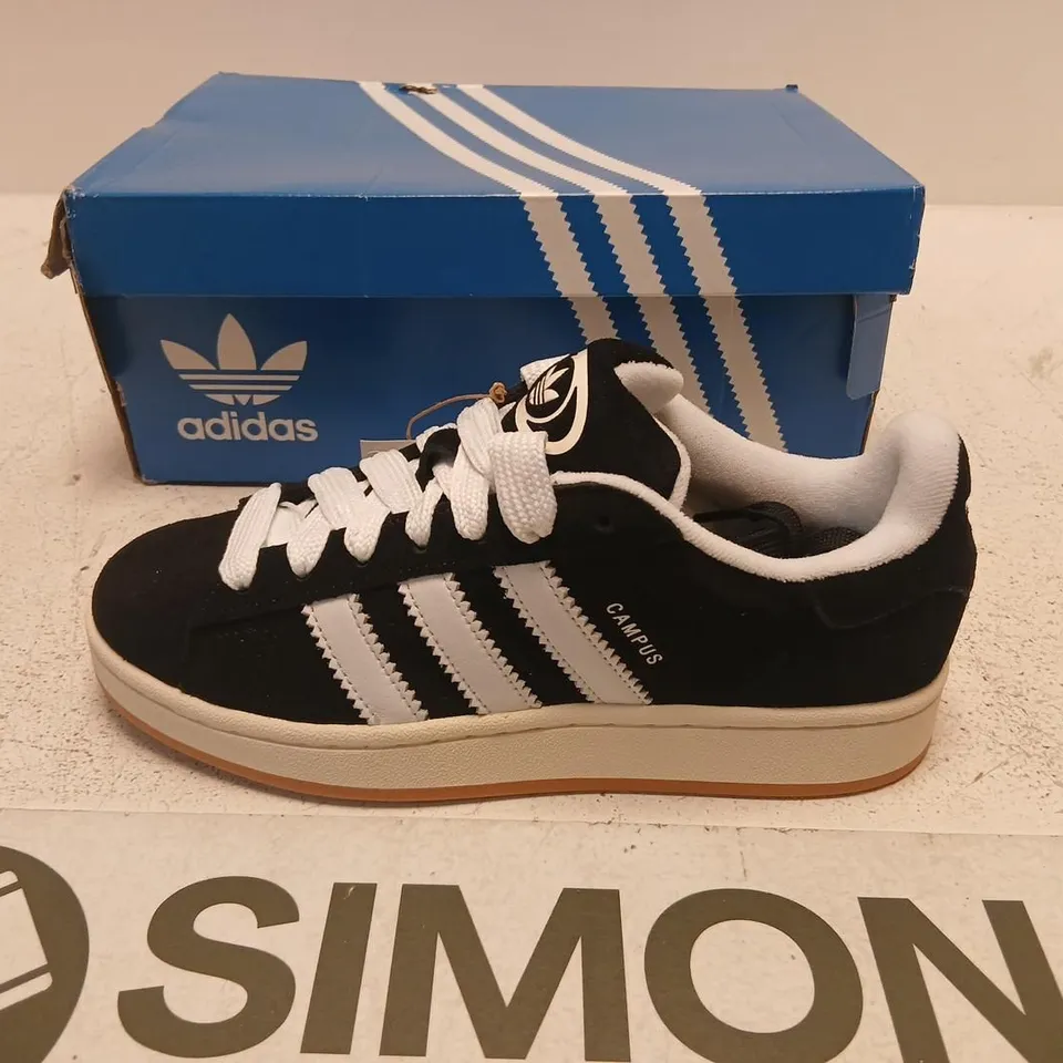 ADIDAS CAMPUS SNEAKERS – BLACK SUEDE WITH WHITE STRIPES, UK 5.5