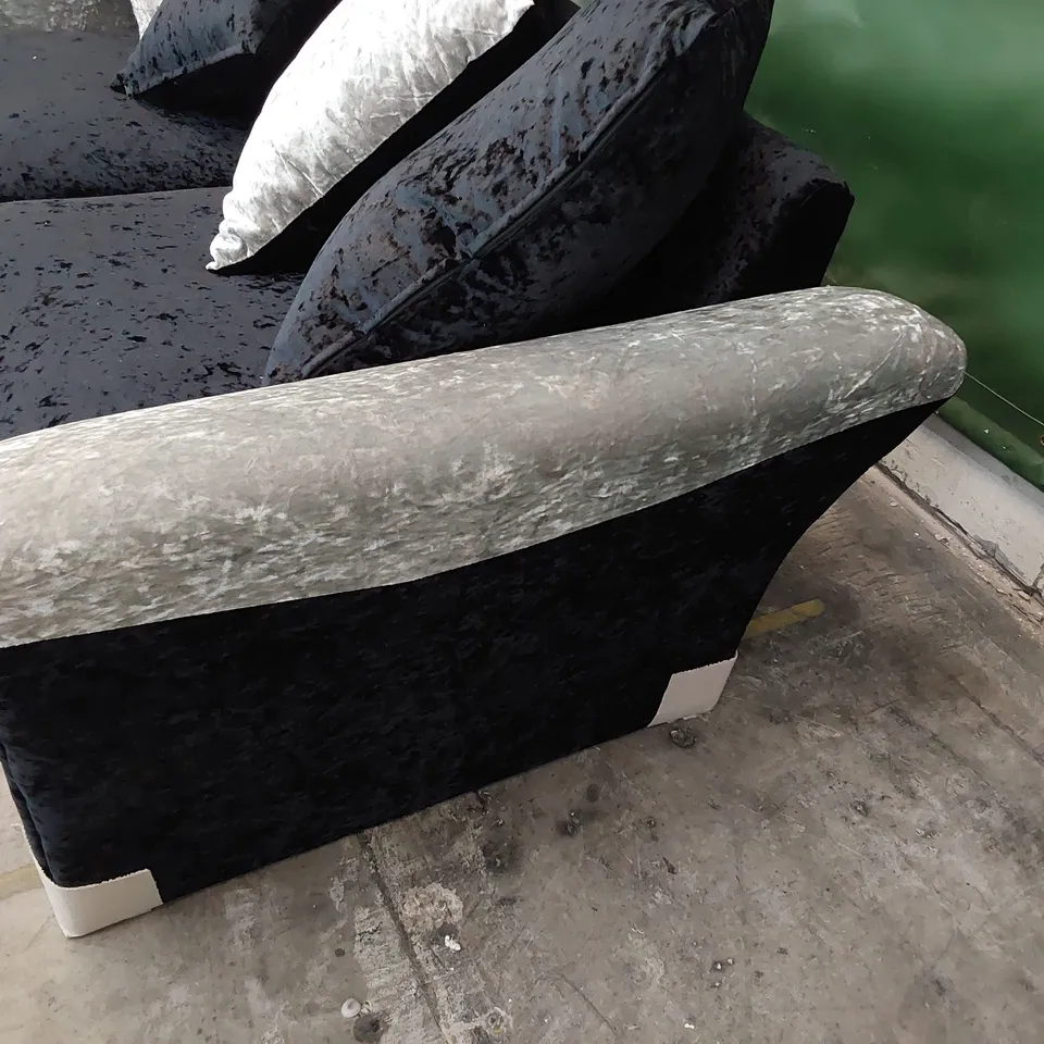 DESIGNER ZULU THREE SEATER SOFA WITH SCATTER CUSHIONS BLACK/SILVER CRUSHED VELVET 