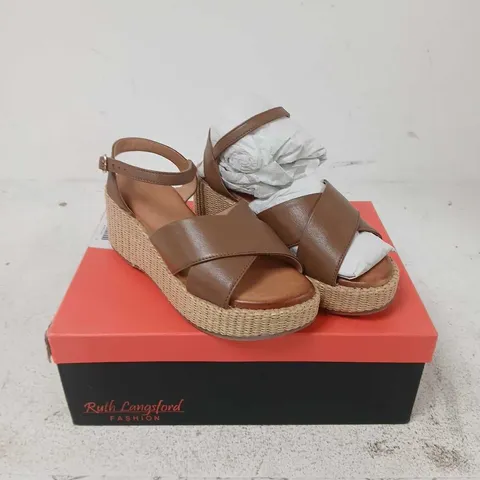 RUTH LANGSFORD FASHION TAN LEATHER CROSS-OVER STRAP WEDGE SANDALS - 5