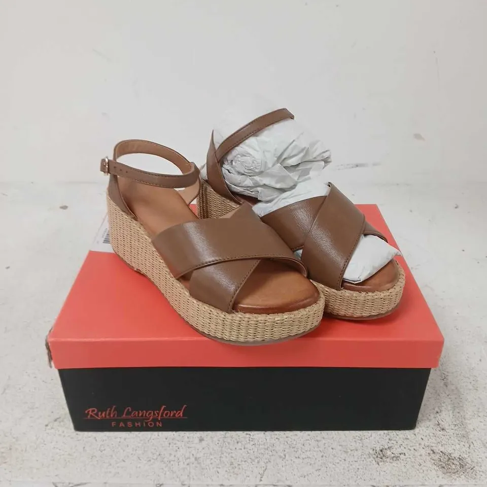 RUTH LANGSFORD FASHION TAN LEATHER CROSS-OVER STRAP WEDGE SANDALS - 5