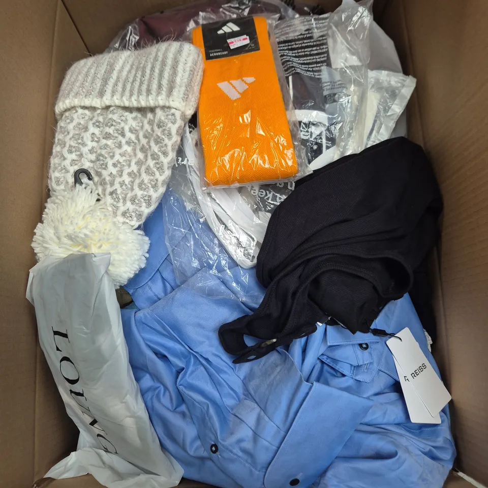 LARGE BOX OF APPROXIMATELY 25 ASSORTED CLOTHING ITEMS IN VARIOUS COLOURS, STYLES AND SIZES - COLLECTION ONLY