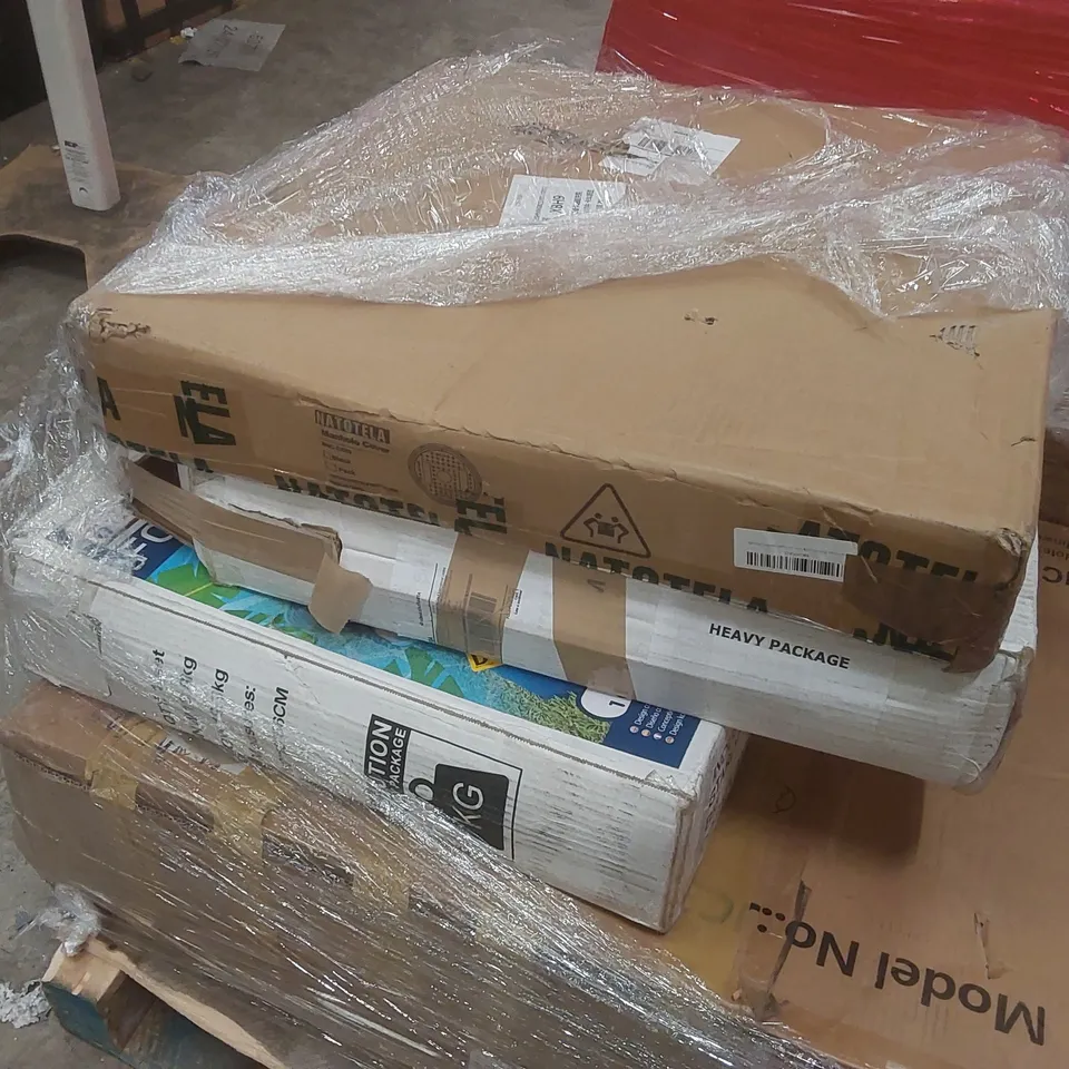 PALLET CONTAINING A VERY LARGE QUANTITY OF ASSORTED ITEMS INCLUDING: FOLDABLE POOL, MANHOLE COVER, EXERCISE BIKE ECT