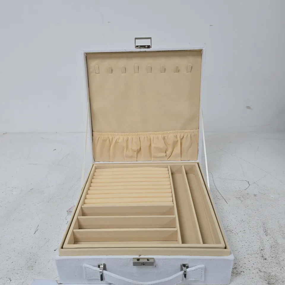 WHITE JEWELLERY BOX WITH BEIGE FABRIC INTERIOR AND MULTIPLE COMPARTMENTS