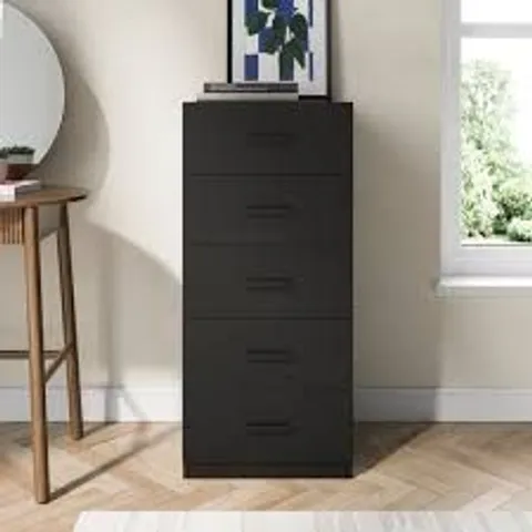 BOXED FLINN TALL 5 DRAWER CHEST - BLACK (1 BOX)