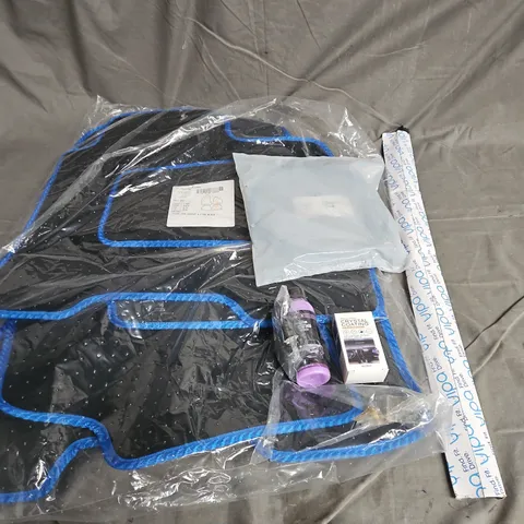 APPROXIMATELY 8 ASSORTED AUTO ITEMS TO INCLUDE CAR MATS, WIPER, ACCELERATOR CABLE, ETC. - COLLECTION ONLY 