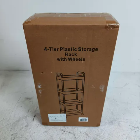BOXED 4-TIER PLASTIC STORAGE RACK WITH WHEELS