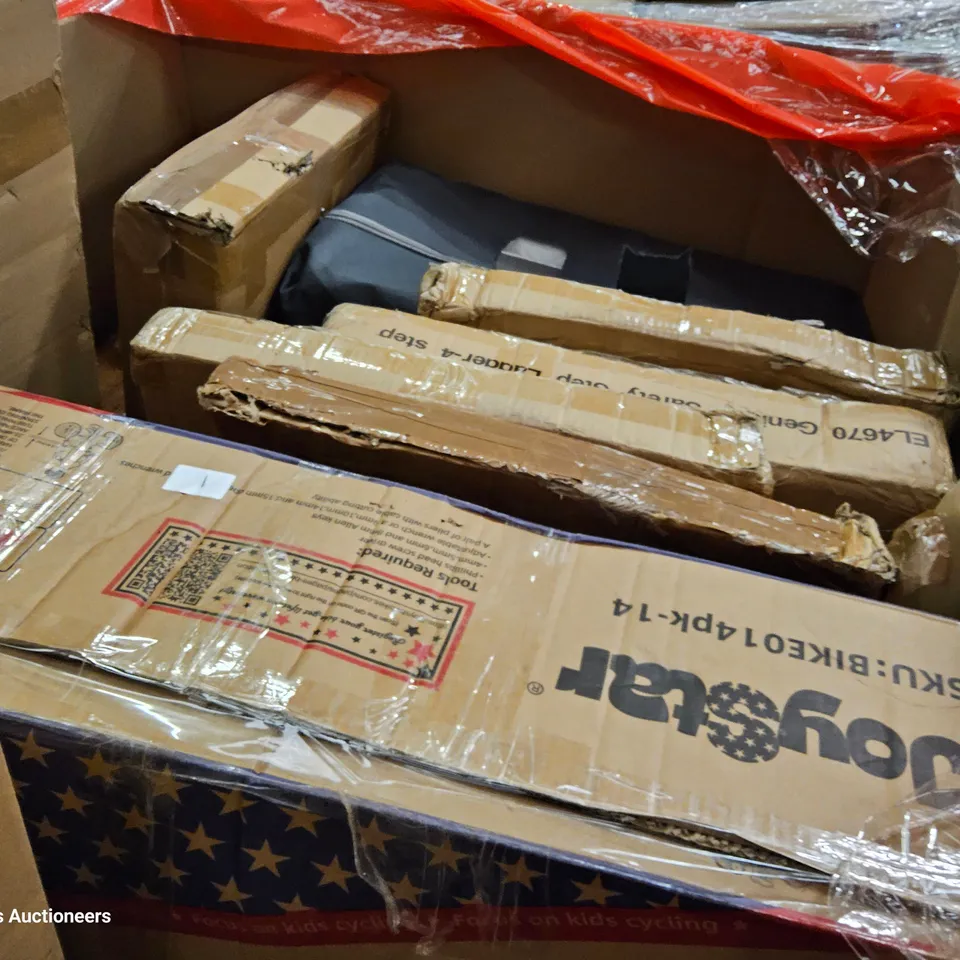 PALLET OF ASSORTED ITEMS TO INCLUDE, CHILDS BIKE, BOXED FURNITURE INFLATABLE MATTRESS.