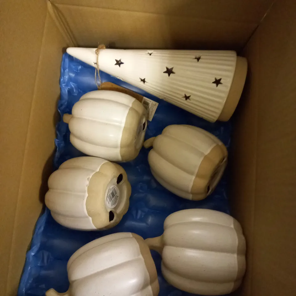 BOX OF APPROX 12 HOME DECOR ITEMS TO INCLUDE CERAMIC PUMPKINS AND LARGE LIGHT UP TREES