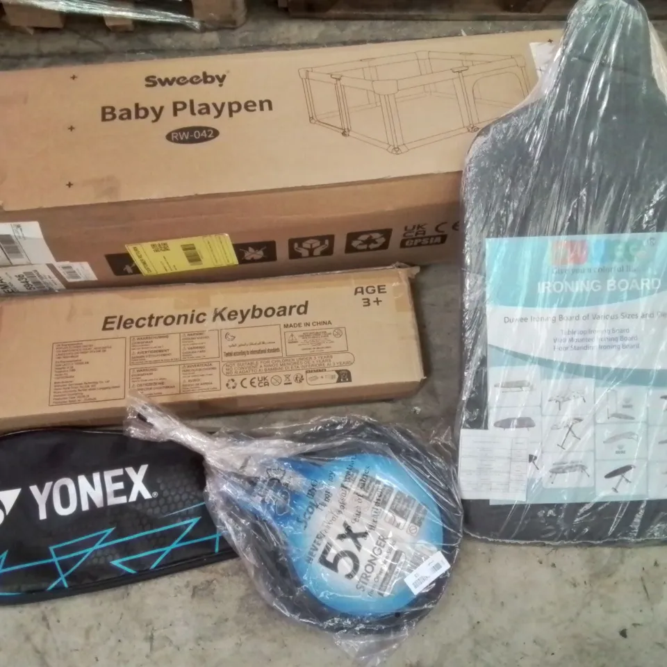 PALLET CONTAINING ASSORTED PRODUCTS INCLUDING BABY PLAYPEN, ELECTRONIC KEYBOARD, IRONING BOARD, BADMINTON RACKET & FRYING PAN