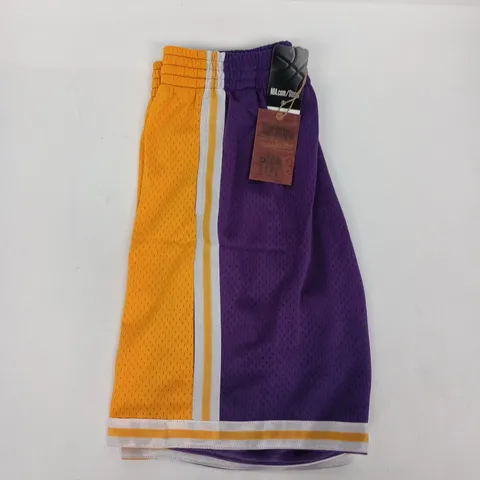 HARDWOOD CLASSICS LOS ANGELES LAKERS 1984-1985 NBA SWINGMAN SHORTS IN PURPLE/YELLOW SIZE LARGE