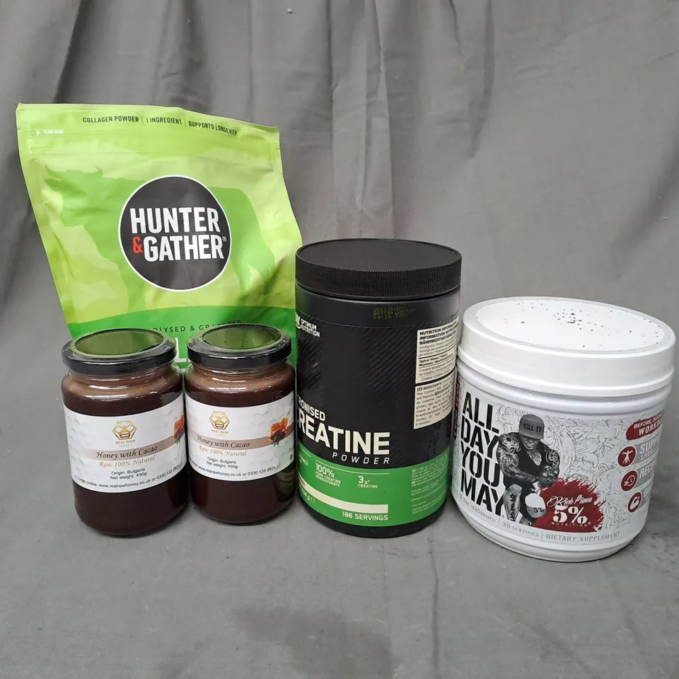 APPROXIMATELY 8 ASSORTED FOOD PRODUCTS TO INCLUDE HUNTER & GATHER COLLAGEN PEPTIDES, HONEY WITH CACAO, OPTIMUM NUTRITION MICRONIZED CREATINE POWDER
