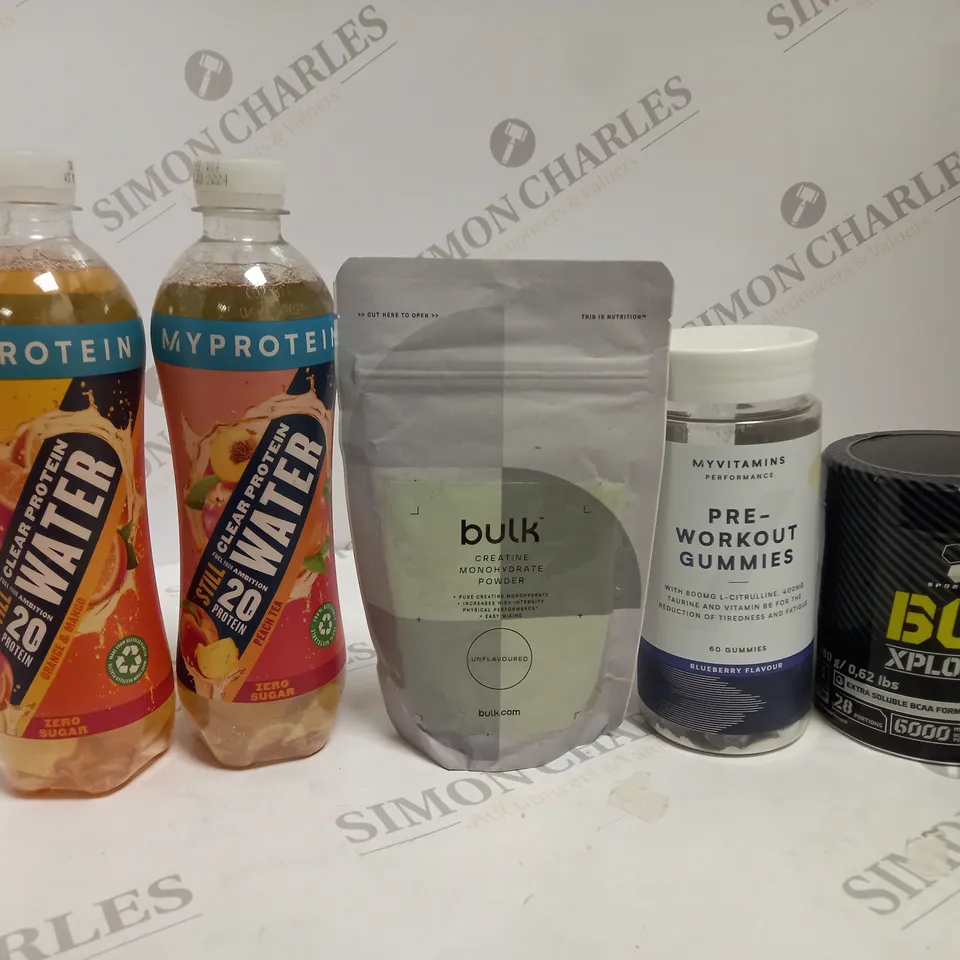 APPROXIMATELY 5 ASSORTED WORKOUT SUPPLEMENT PRODUCTS TO INCLUDE MYPROTEIN DRINK, BCAA POWDER, PRE-WORKOUT GUMMIES ETC 