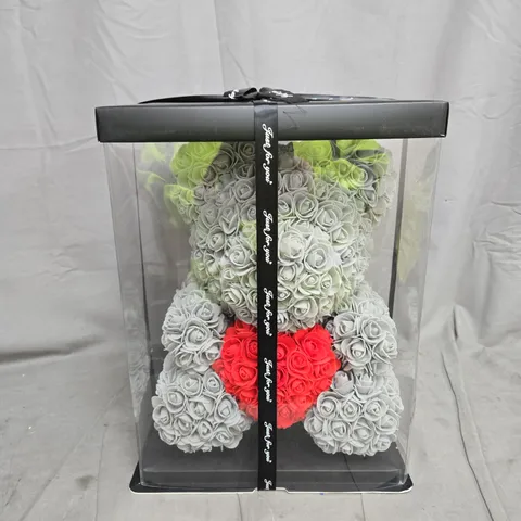 ROSE BEAR IN CLEAR DISPLAY BOX WITH 'JUST FOR YOU' RIBBON