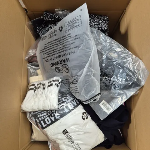 LARGE BOX OF ASSORTED CLOTHING ITEMS IN VARIOUS SIZES, STYLES AND COLOUR 