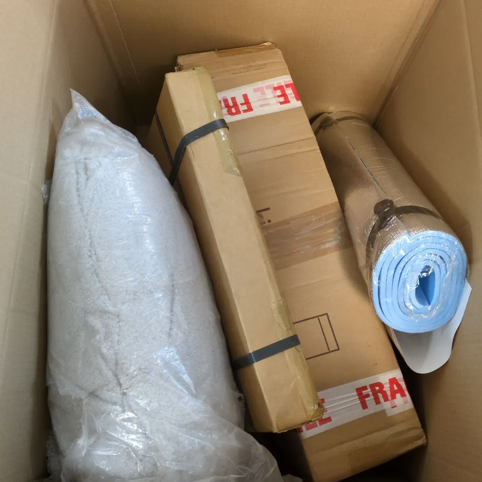 BOX CONTAINING 4 LARGE ITEMS INCLUDING YOGA MAT BLANKET ETC.
