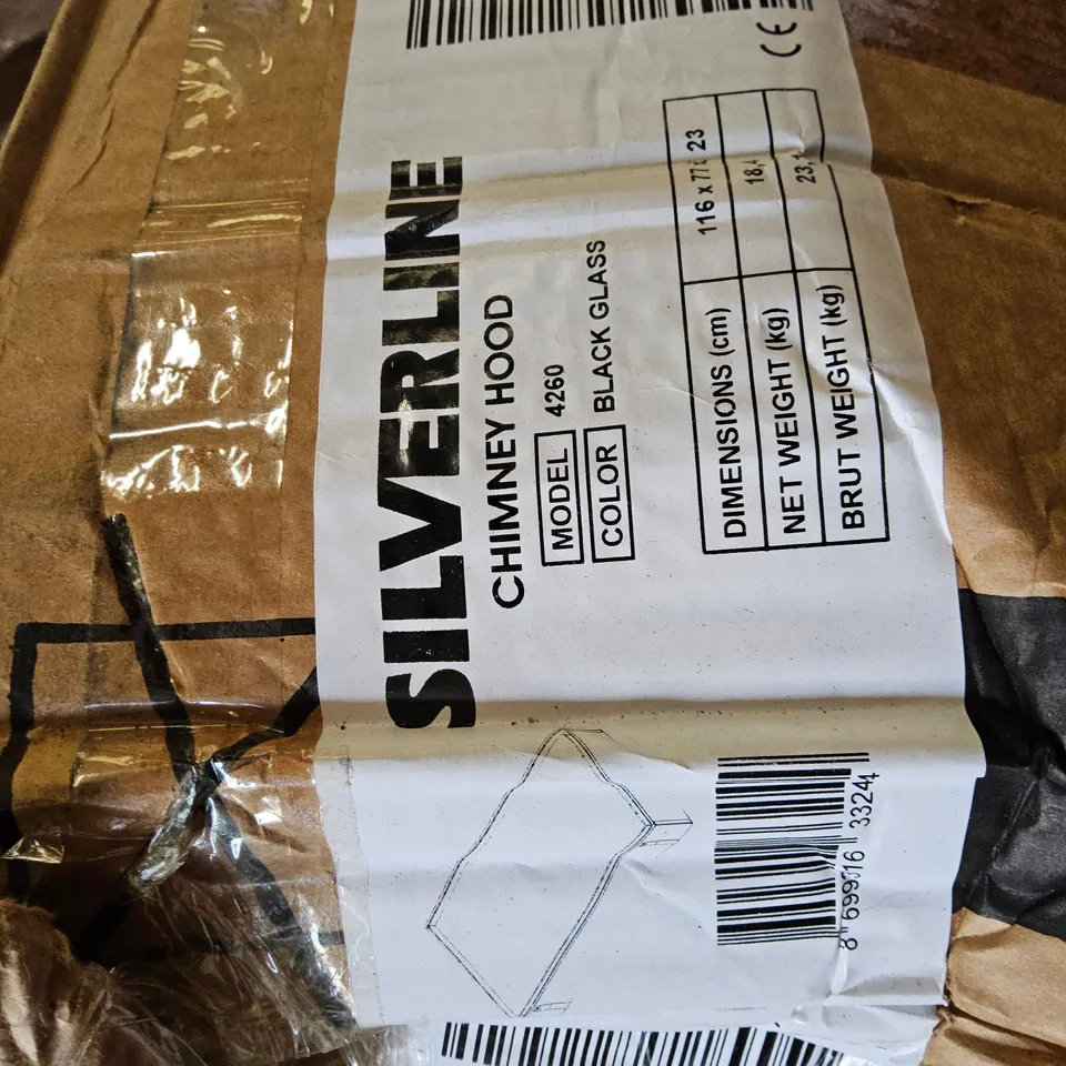 BOXED SILVERLINE CHIMNEY HOOD BLACK GLASS Model 4260