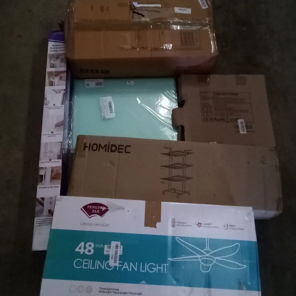 PALLET OF ASSORTED ITEMS INCLUDING HOMIDEC DRYING RACK, CEILING FAN LIGHT, CUPCAKE STAND, PORTABLE WARDROBE, RETRACTABLE SAFETY GATE, A3 BOOK COVERS 