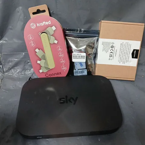 APPROXIMATELY 12 ASSORTED HOUSEHOLD ITEMS TO INCLUDE SKY BOX, HDMI CABLE, CONNEX MULTI CHARGER CONNECTOR, ETC