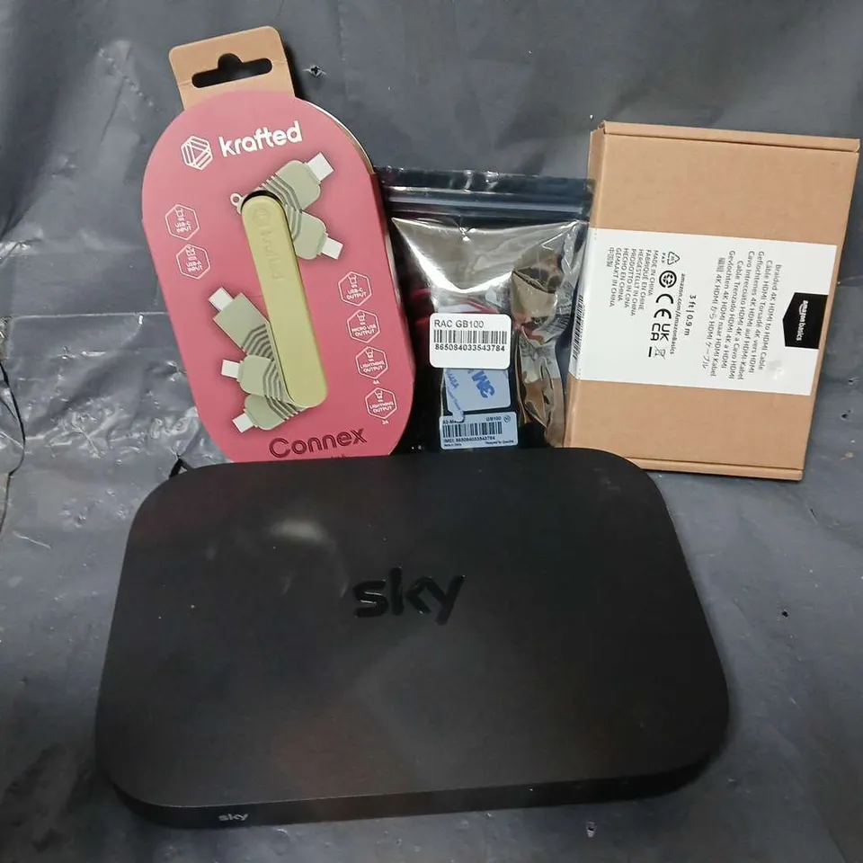 APPROXIMATELY 12 ASSORTED HOUSEHOLD ITEMS TO INCLUDE SKY BOX, HDMI CABLE, CONNEX MULTI CHARGER CONNECTOR, ETC