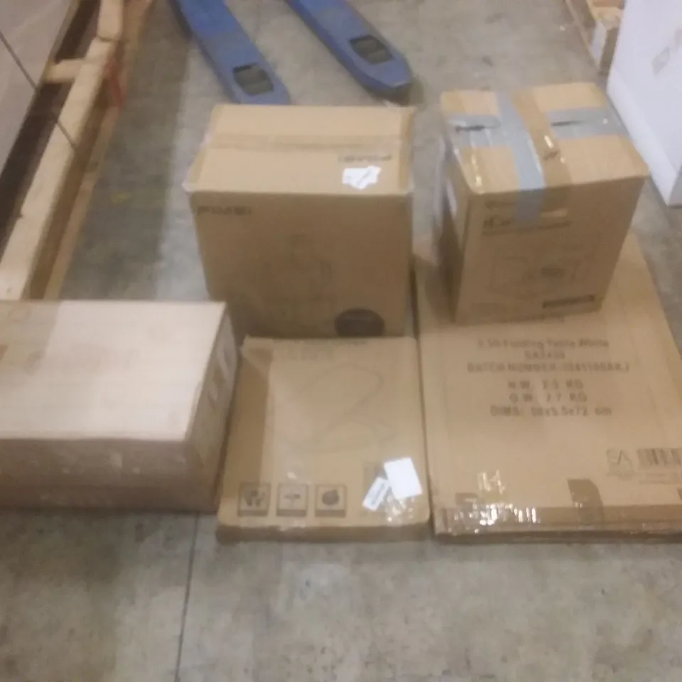 PALLET OF ASSORTED HOUSEHOLD PRODUCTS AND ITEMS, INCLUDING; RETRACTABLE GATE, FOOD PROCESSOR, DESKTOP LASER ENGRAVER, TOILET SEAT, FOLDING TABLE ETC