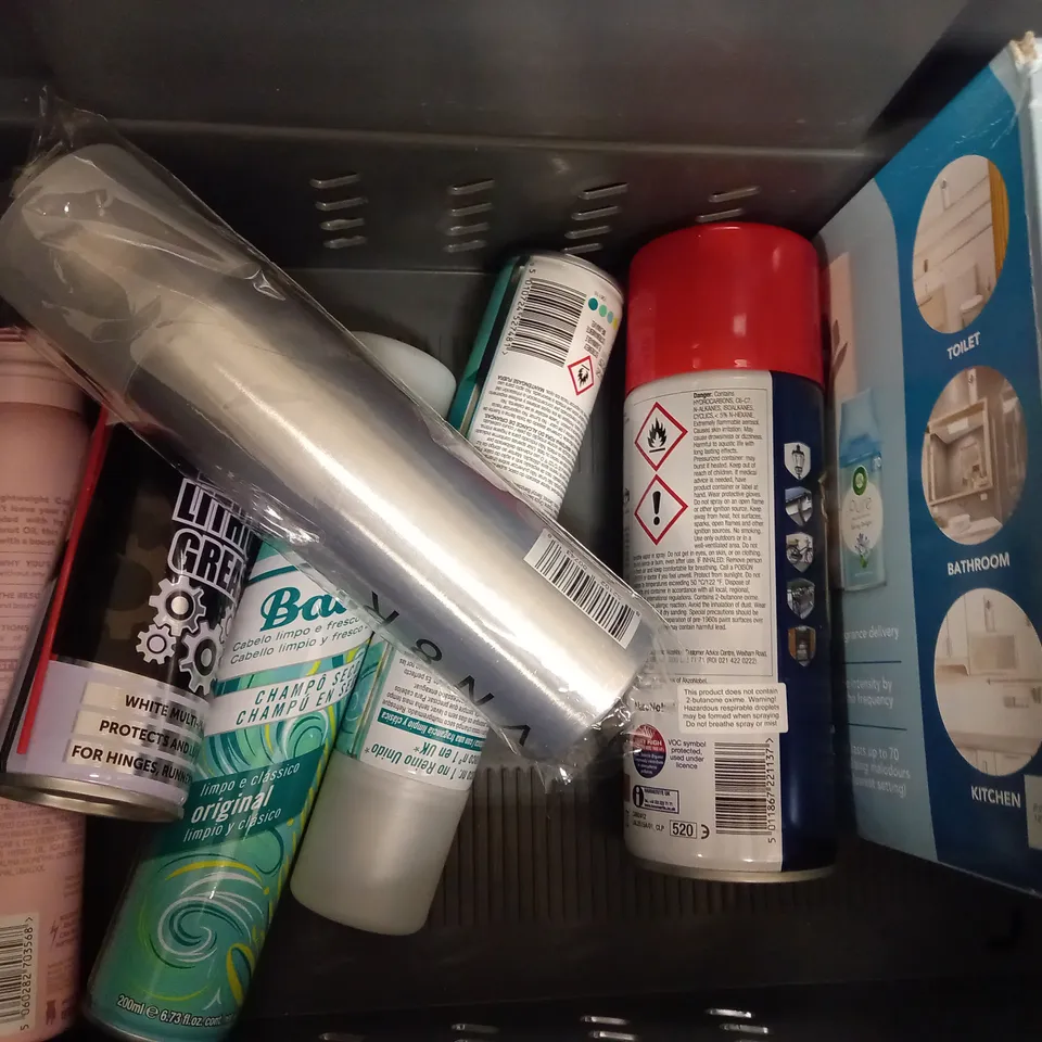 BOX OF APPROX 10 ASSORTED AEROSOLS INCLUDING AIR WICK AIR FRESHENERS, LEE STAFFORD MOUSSE, BATISTE DRY SHAMPOO - COLLECTION ONLY
