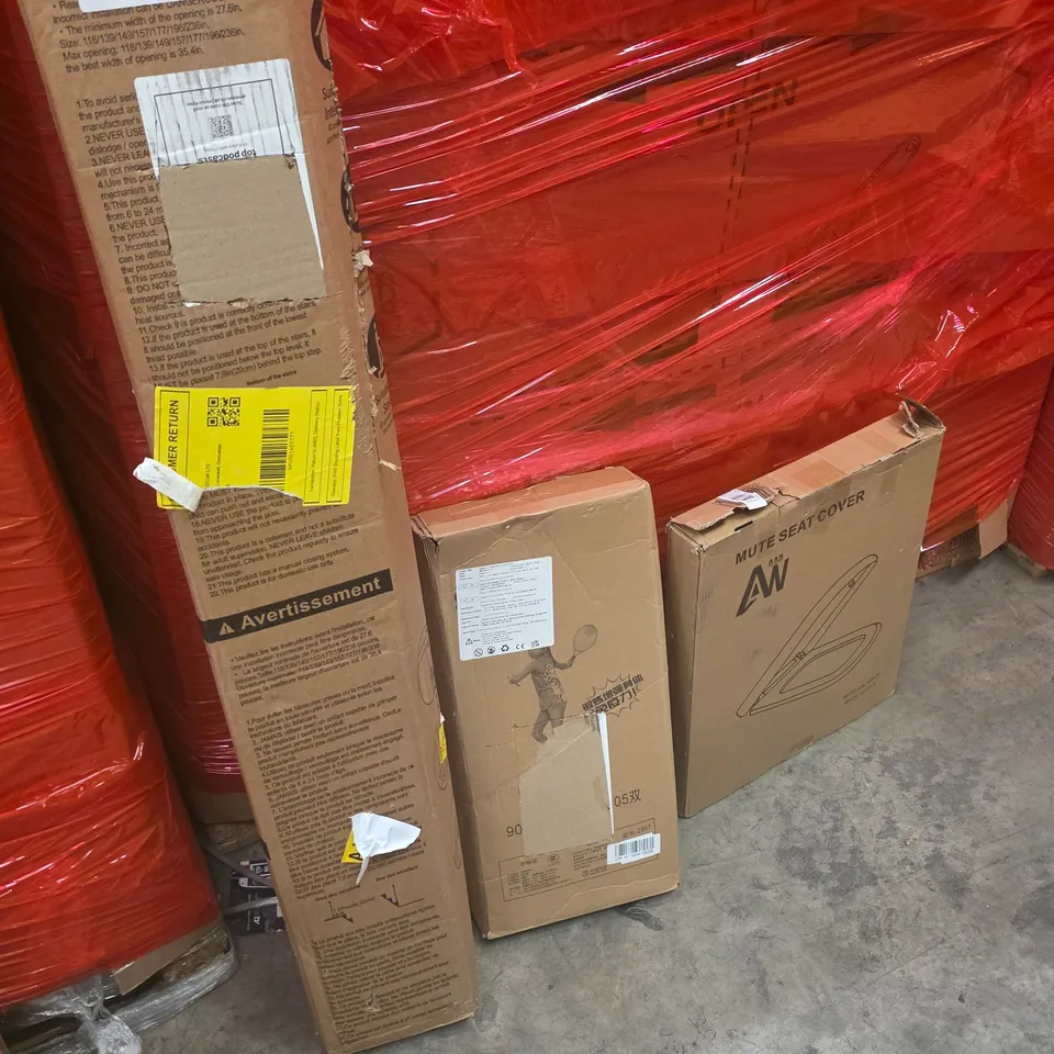PALLET OF ASSORTED HOUSEHOLD GOODS AND PRODUCTS TO INCLUDE;TOILET SEAT COVER,TENNIS ACCESSORIES,RETRACTABLE SAFETY GATE